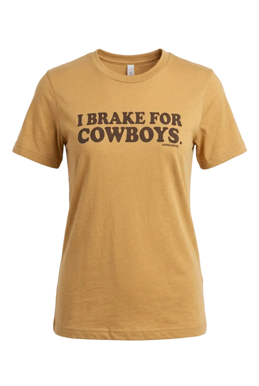 Trestles Clothing Company tan cotton graphic tee with I Brake For Cowboys slogan in a retro Western style